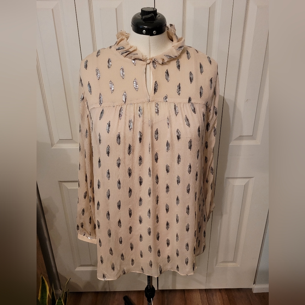 Soft Surroundings Beige Metallic Dot Ruffle Neck Blouse